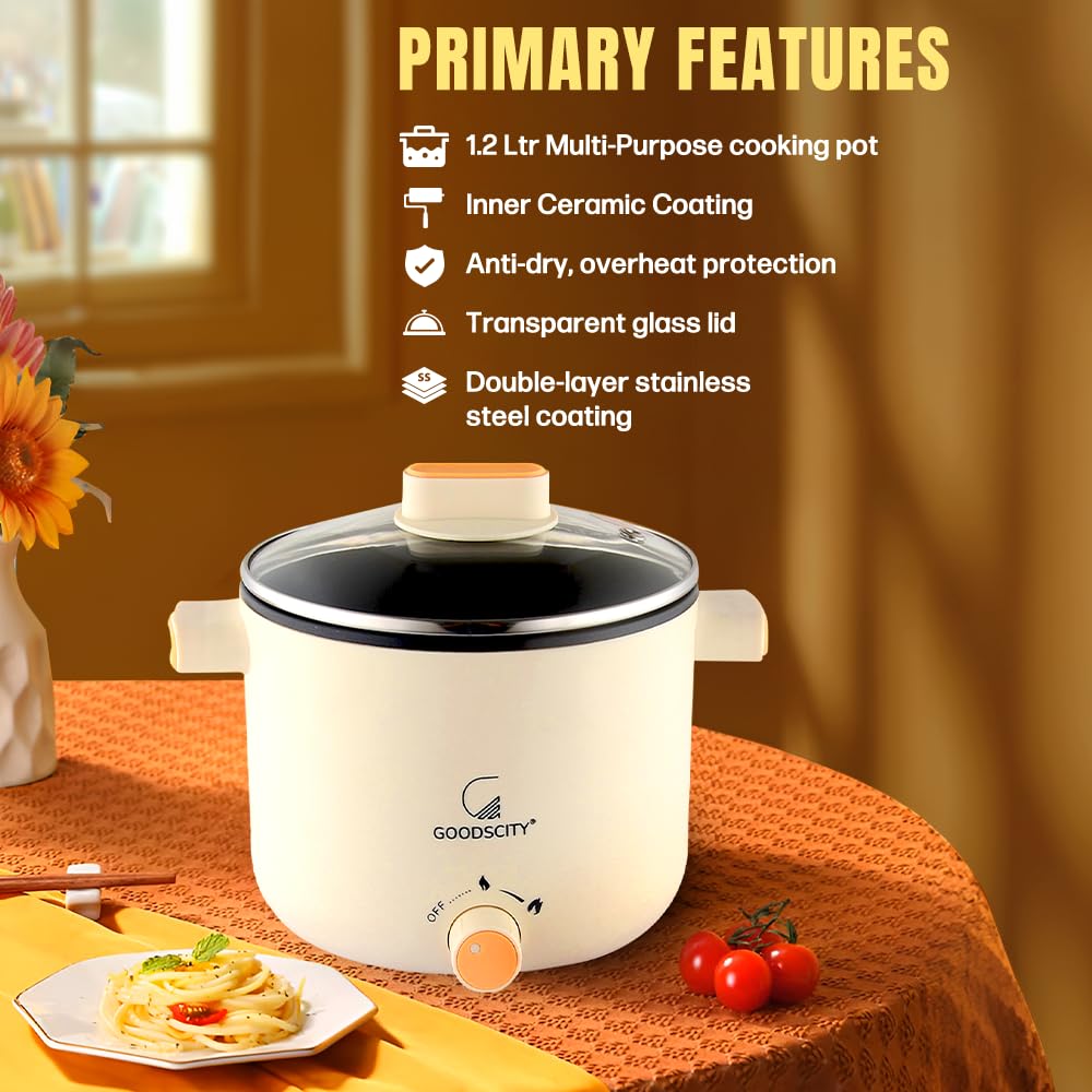 Goodscity Multipurpose Electric Kettle with Ceramic Coating 1.2L|Boil, Steam, Fry, Saute|Multi Cooker kettle for Water,Milk,Egg, Tea,Soup,Coffee, Babyfood, Hostel,Travelling,600W,1Year Waranty GC-0191