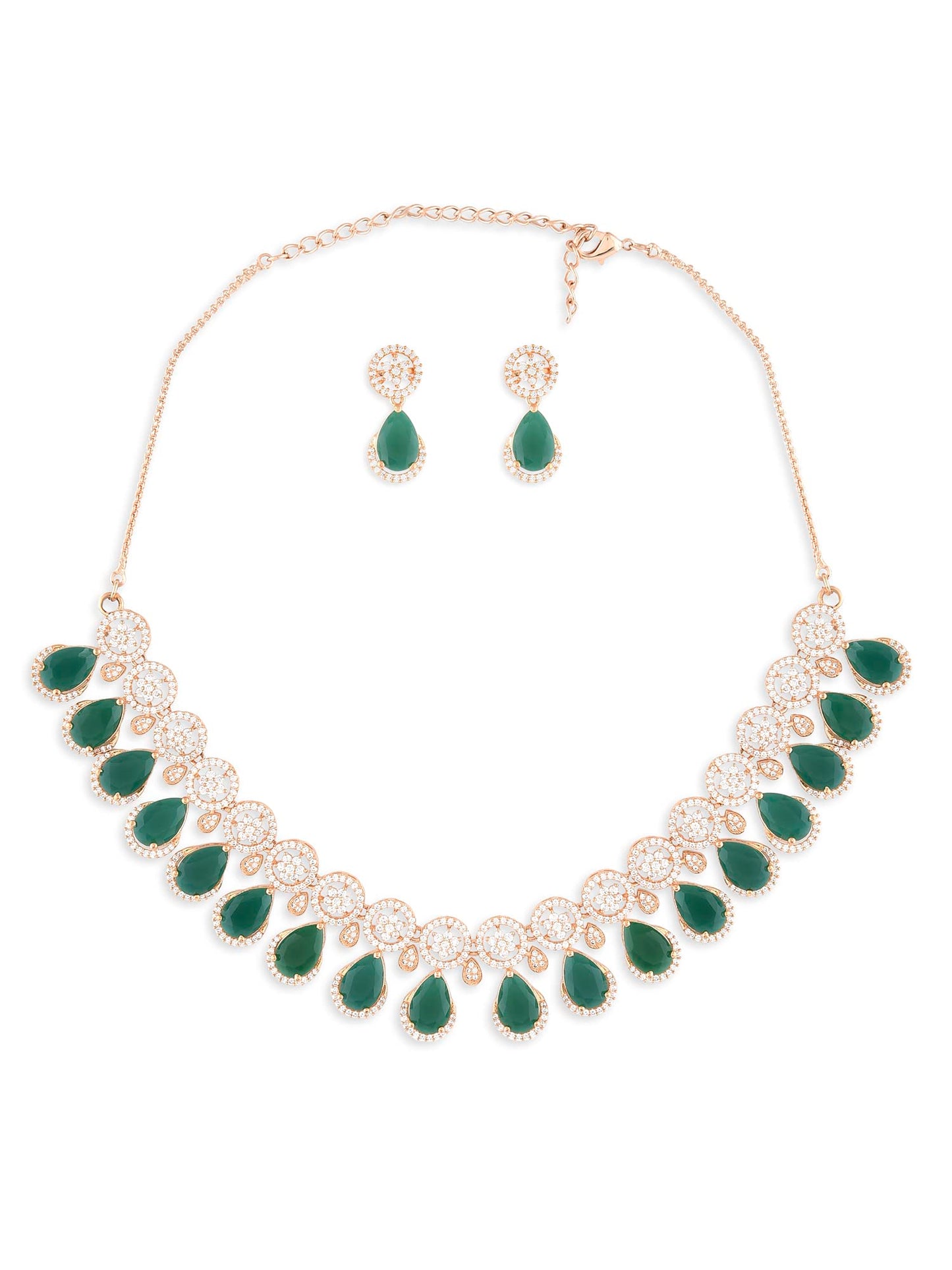 ZAVERI PEARLS Green TearDrop & Dazzling Cubic Zirconia Necklace & Earring Set For Women-ZPFK15299