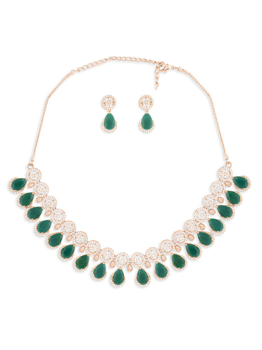 ZAVERI PEARLS Green TearDrop & Dazzling Cubic Zirconia Necklace & Earring Set For Women-ZPFK15299