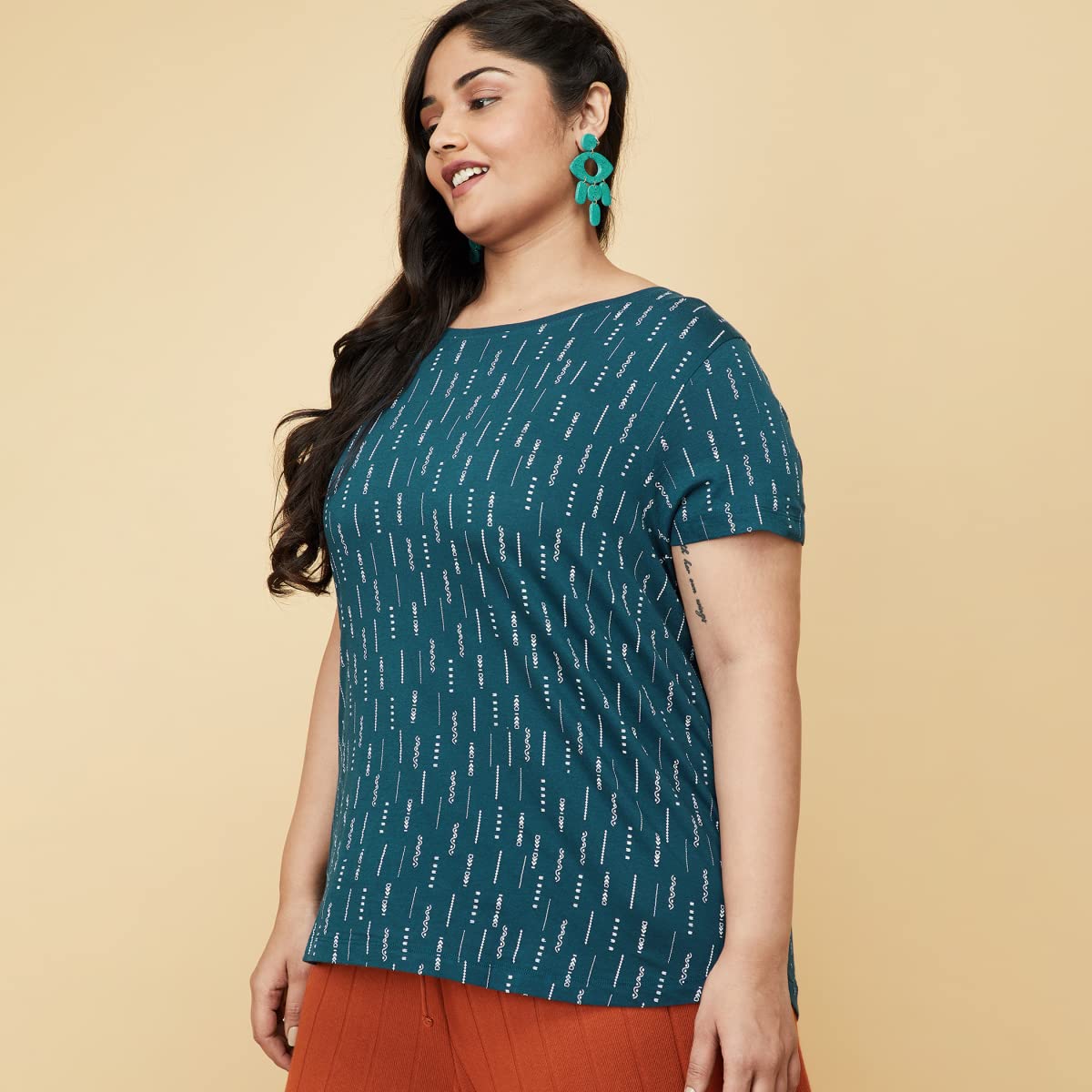 Max Women's Plus Size Pure Cotton Printed Regular Fit Round Neck Cotton T-Shirt (Tery2Bp_Teal)
