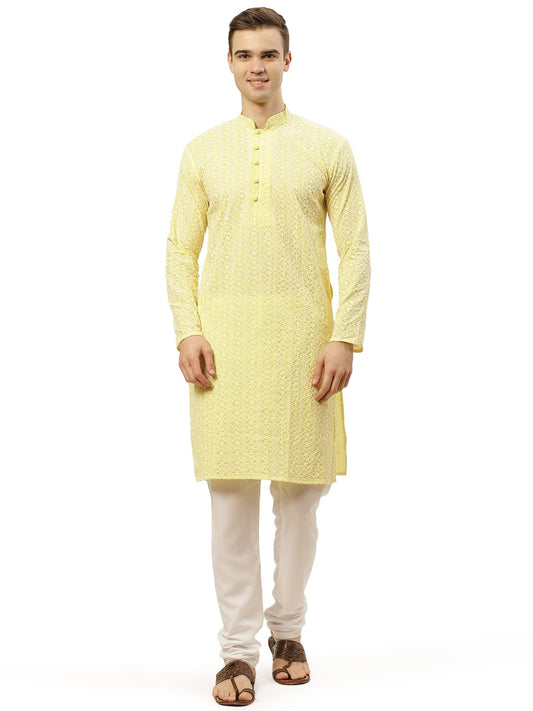 Jompers Men's Yellow & White Embroidered Straight Kurta Pyjama Set. (Yellow, L)