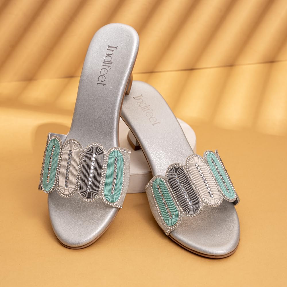 Indifeet - sandals for women, women�s latest stylish heels, ladies fancy traditional function sandal, woman trendy wedding footwear with medium heel, silver