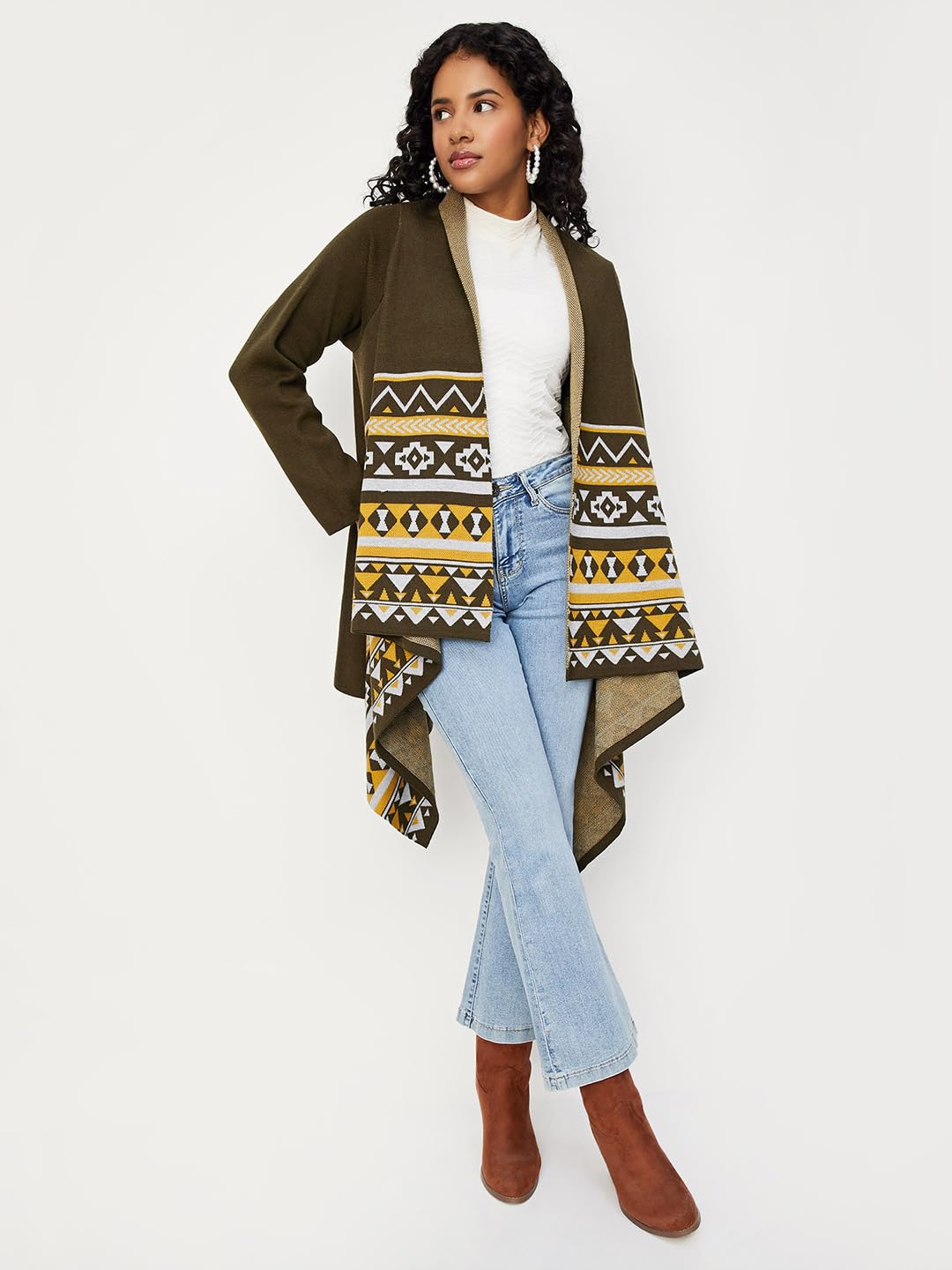 Max Women Argyle Waterfall Shrug (SRG34005OLIVE Green)_M