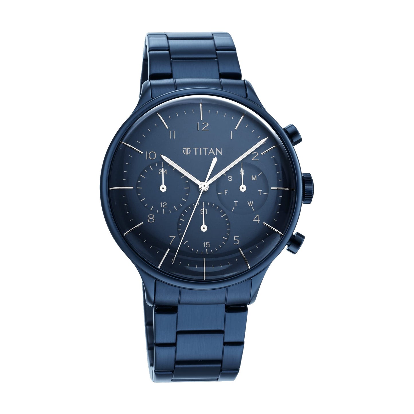 Titan Urban Magic Quartz Multifunction Blue Dial Metallic Blue Stainless Steel Strap Watch for Men - NT90102QM01