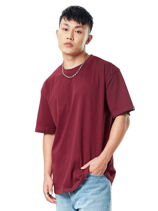 The Souled Store Men Basic Burgundy Solid Oversized T Shirts for Men Baggy Off-Shoulder Loose Fit Relaxed Drop Shoulder Half Sleeve Round Neck Back Printed