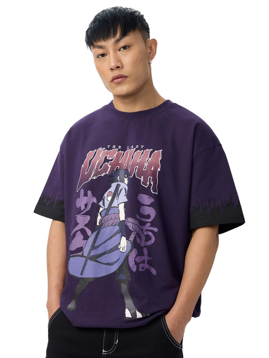The Souled Store Naruto Shippuden: Uchiha Legacy Men and Boys Short Sleeves Round Neck Purple Graphic Printed Cotton Oversized T-Shirts