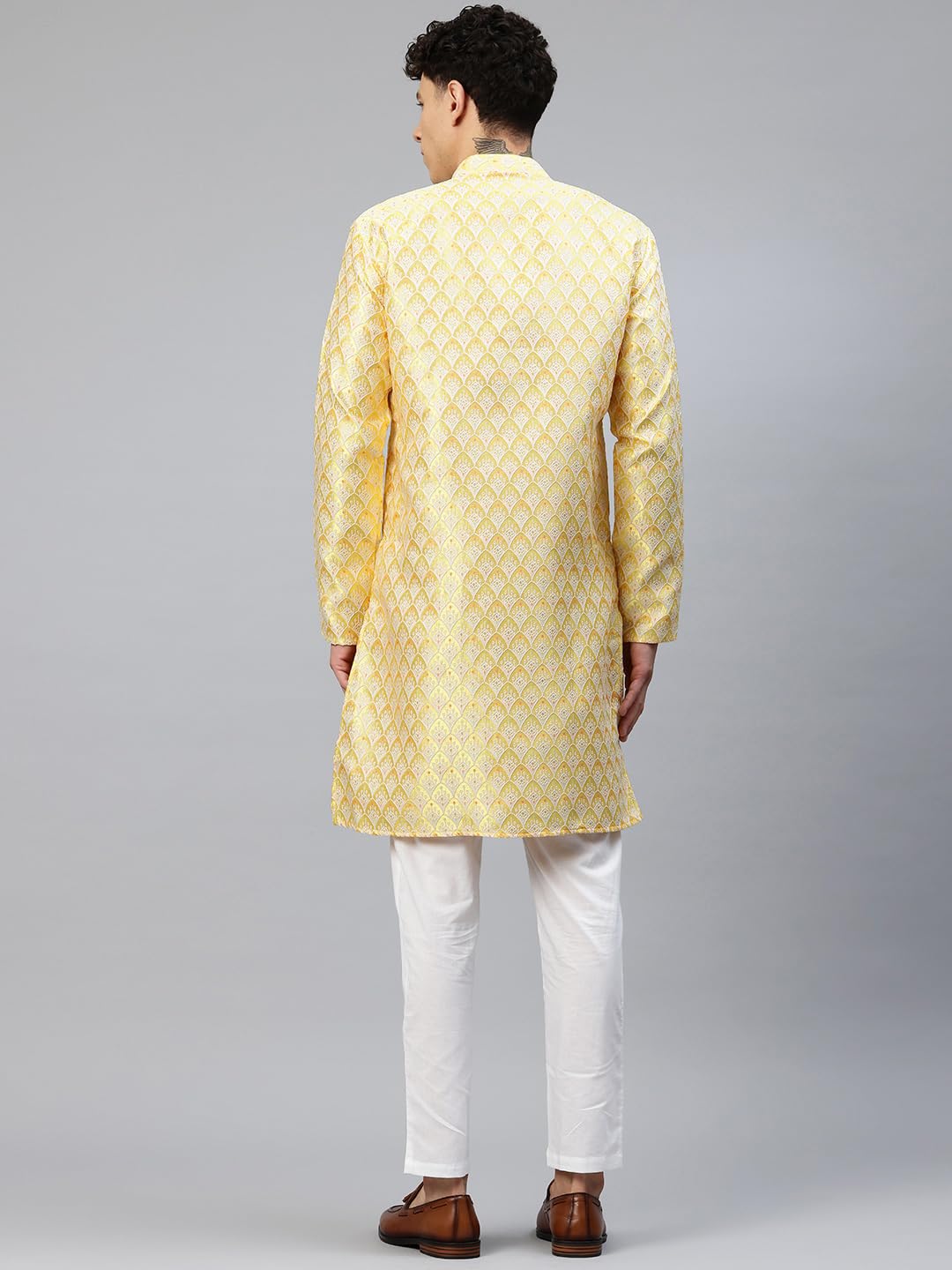 Luxrio Men's Silk Blend Jacquard Self Embroidered Textured Ethinc Motifs Traditional Long Kurta Full Sleeves Yellow Size L
