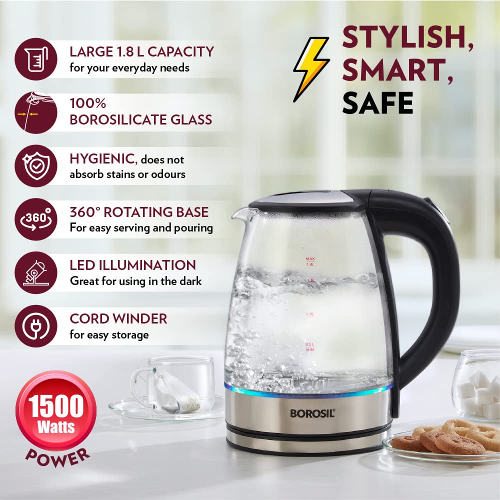 Borosil Electric Glass Kettle, Borosilicate Glass, Extra Long Cord, Dry-Boil Protection, 360° Rotating Base, 1.8 L, Transparent, 1500 Watts