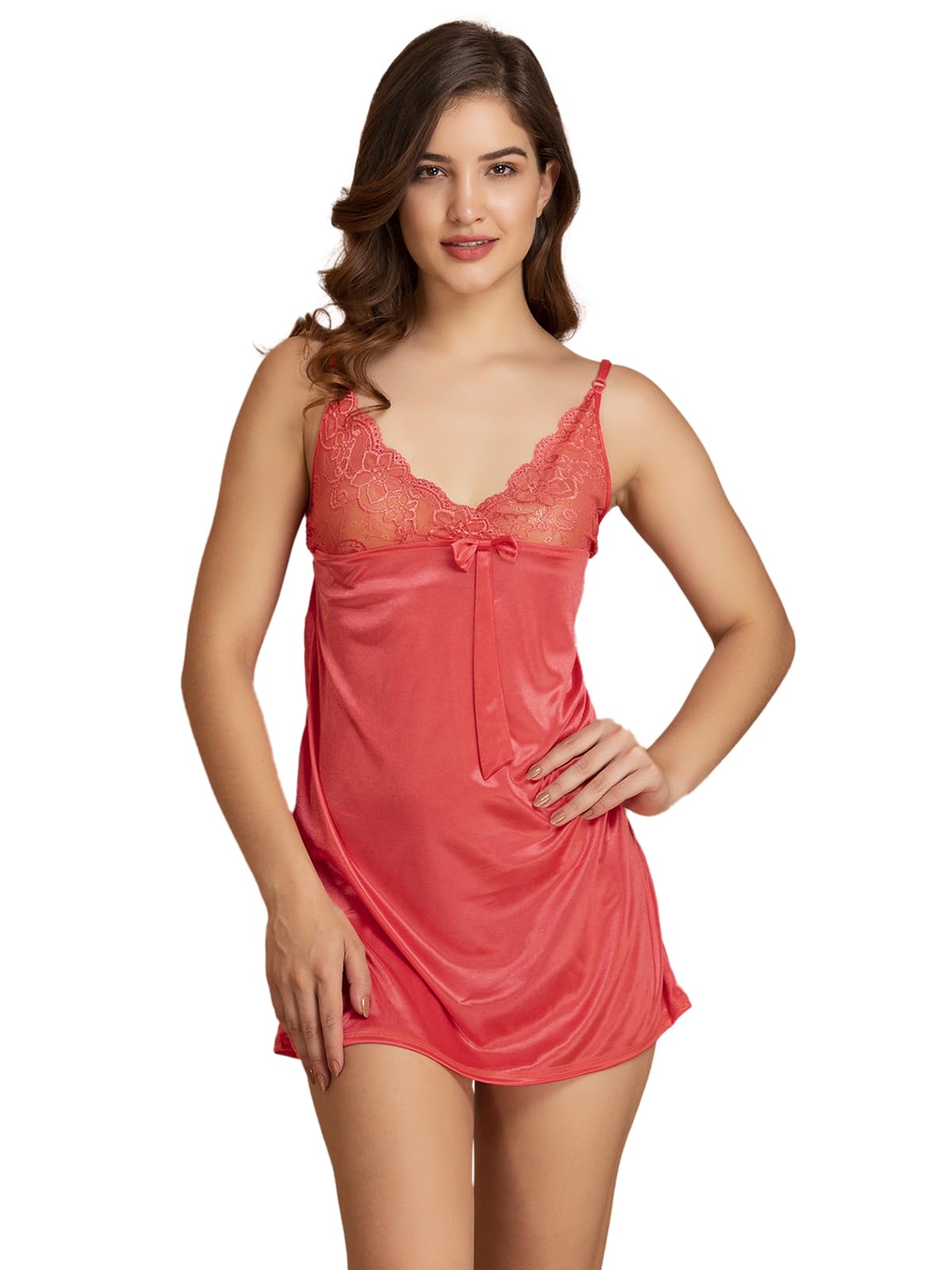 Clovia Womens Satin Solid Short Nightdress in Coral with Laces (NS0466P16_Orange_S)