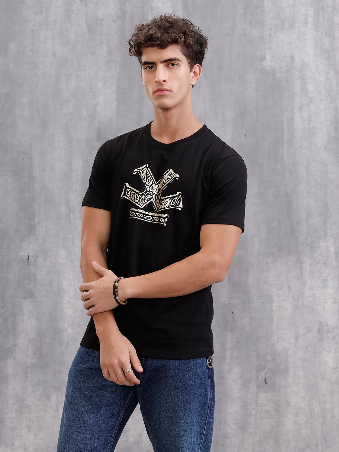 WROGN Men's 100% Cotton T-Shirt | Gold Foil Paisley Logo Print | Slim Fit | Black | M