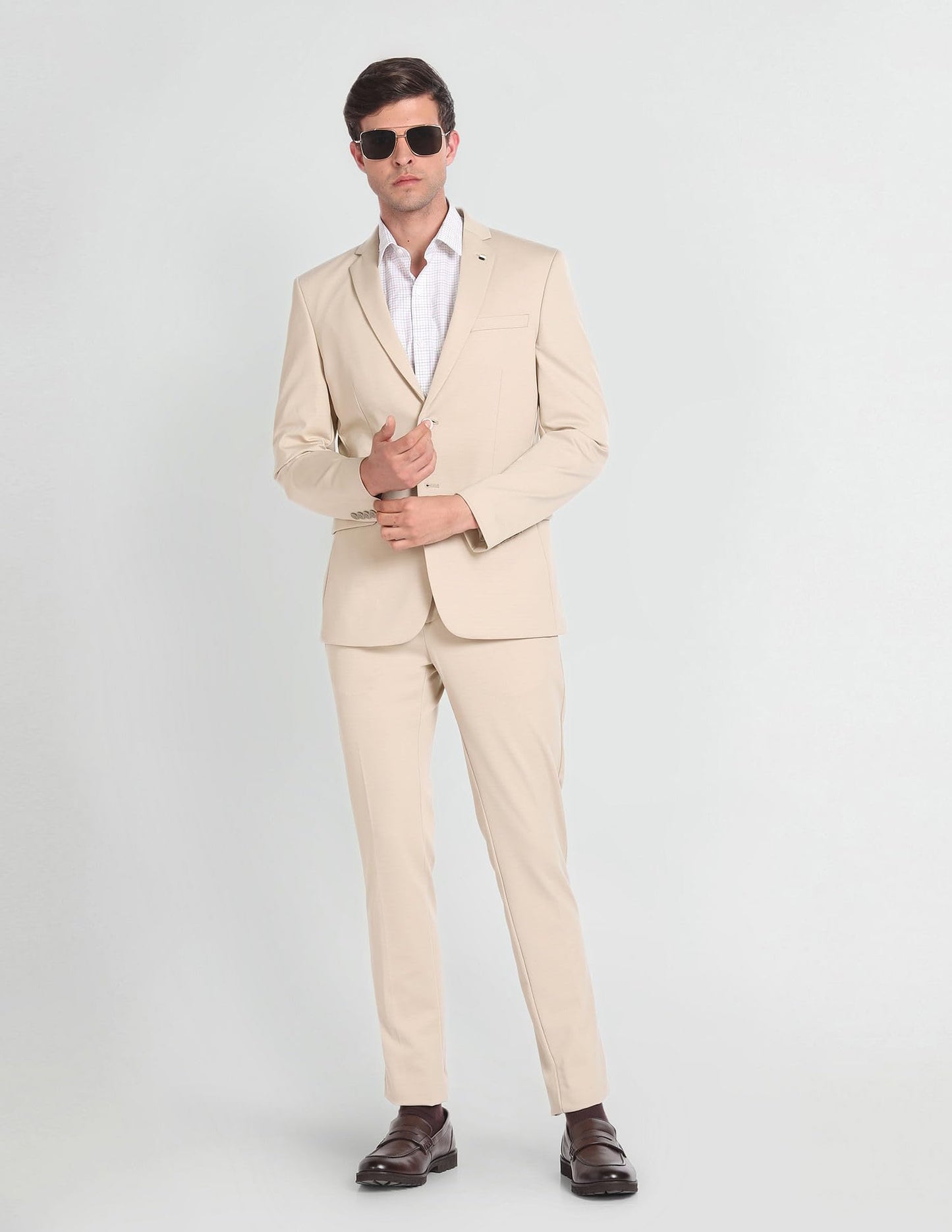 Arrow Men's Nylon Single Breasted Business Suit Pants Set (ARAGSU5552_Beige