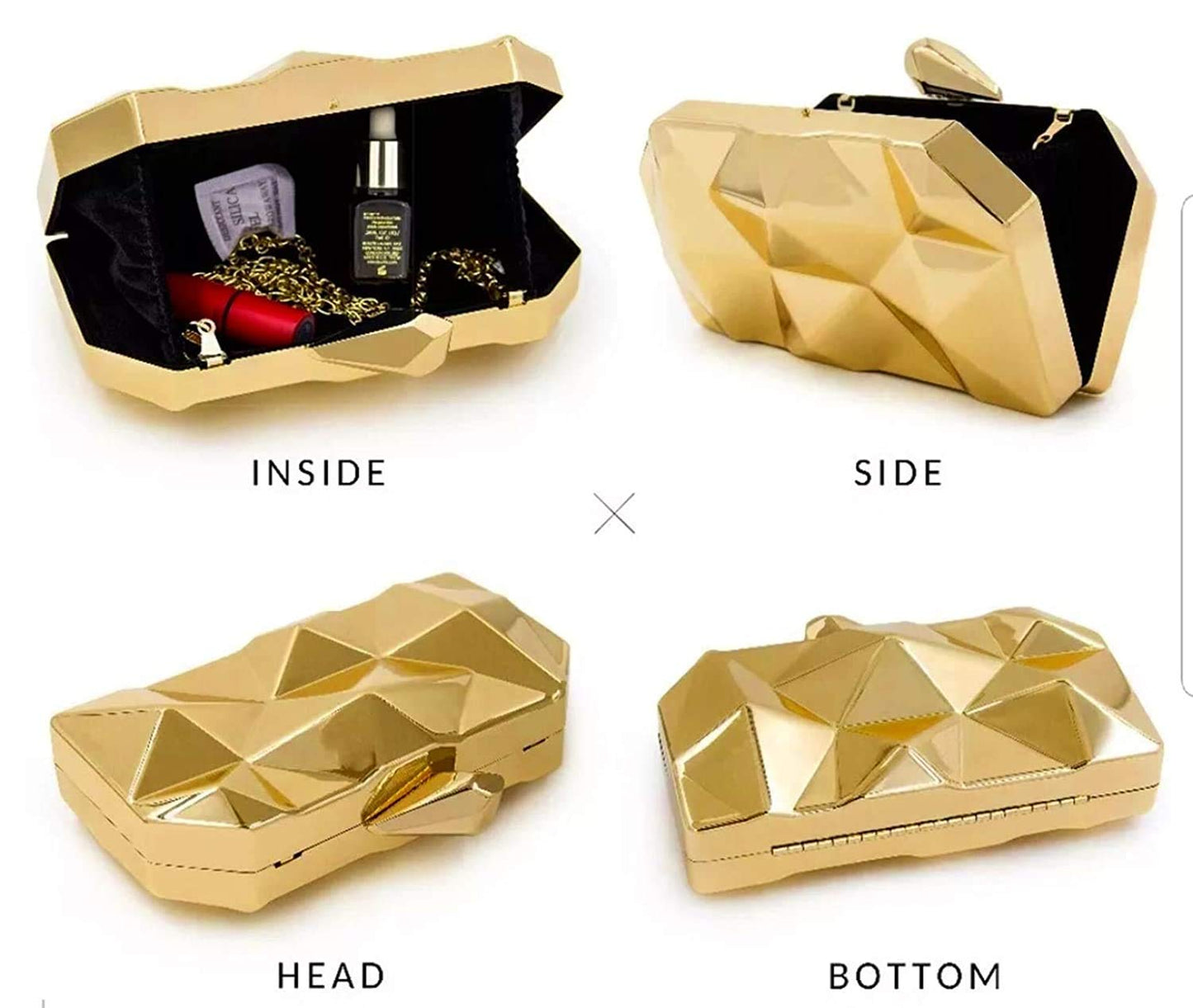 Toobacraft Women Handicraft Beautiful Metallic Acrylic Box Clutch Bag Purse For Bridal, Casual, Party, Wedding (Both Sides Exactly Same) (Gold).