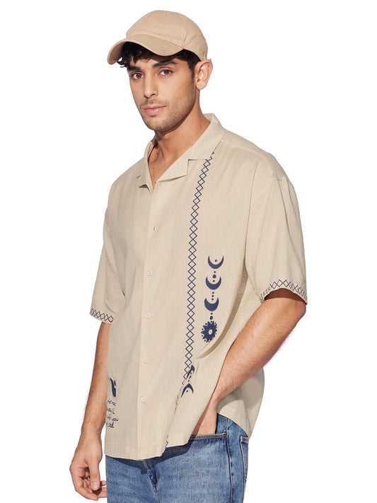 The Souled Store Bloom: Believe Men and Boys Short Sleeves Collared Neck Button Front Beige Embroidered Regular Fit Cotton Shirts