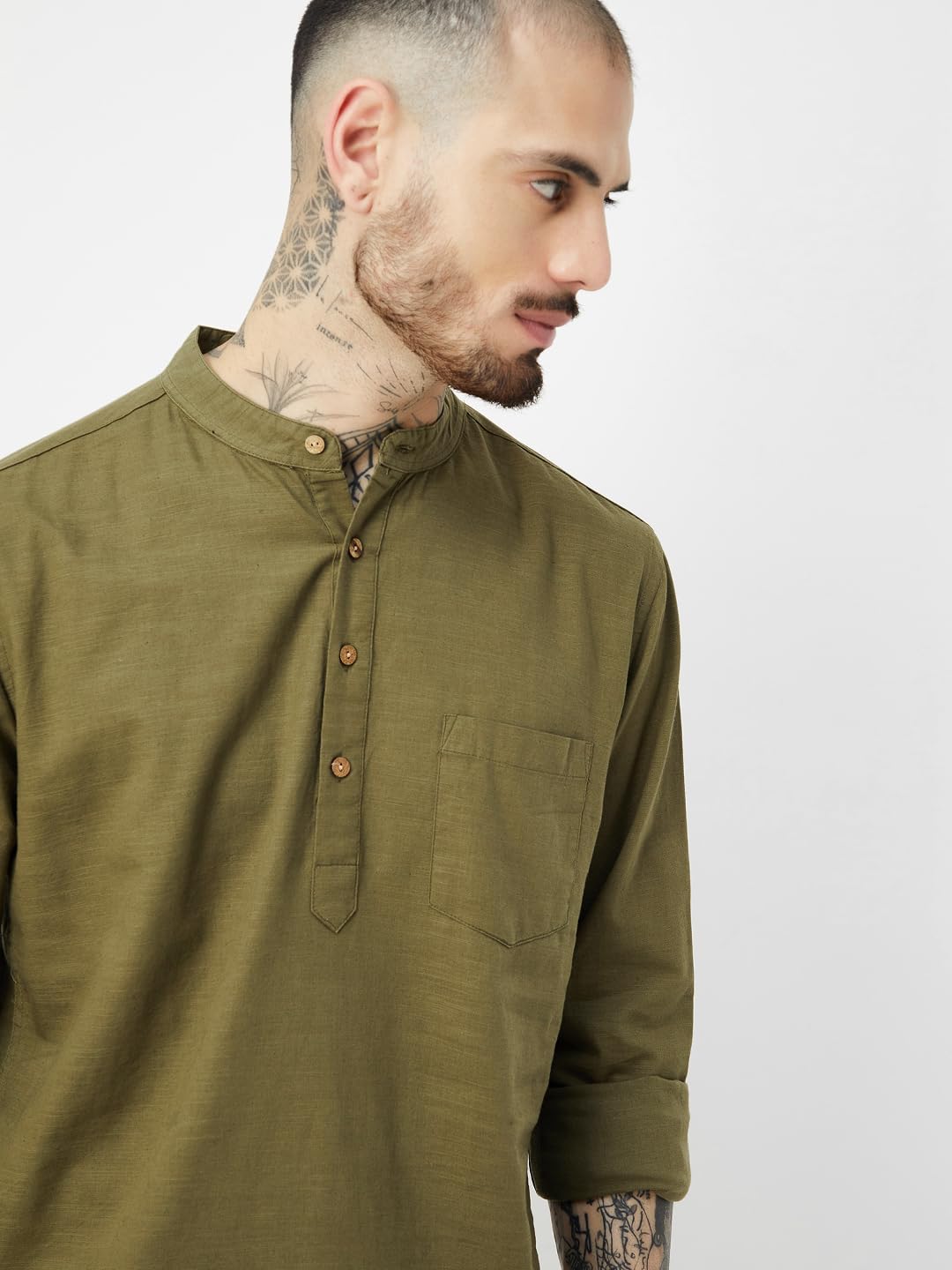 Max Men Solid Slim Fit Short Kurta(Green_S)
