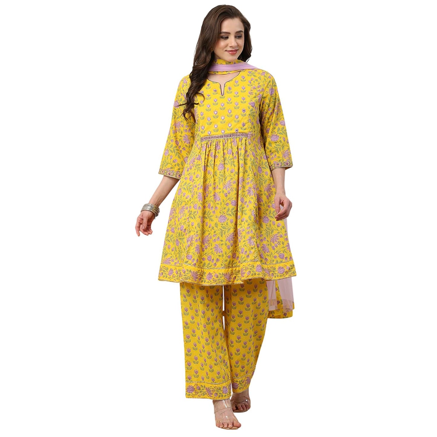 Biba Women Yellow Cotton Kalidar Suit Set_38