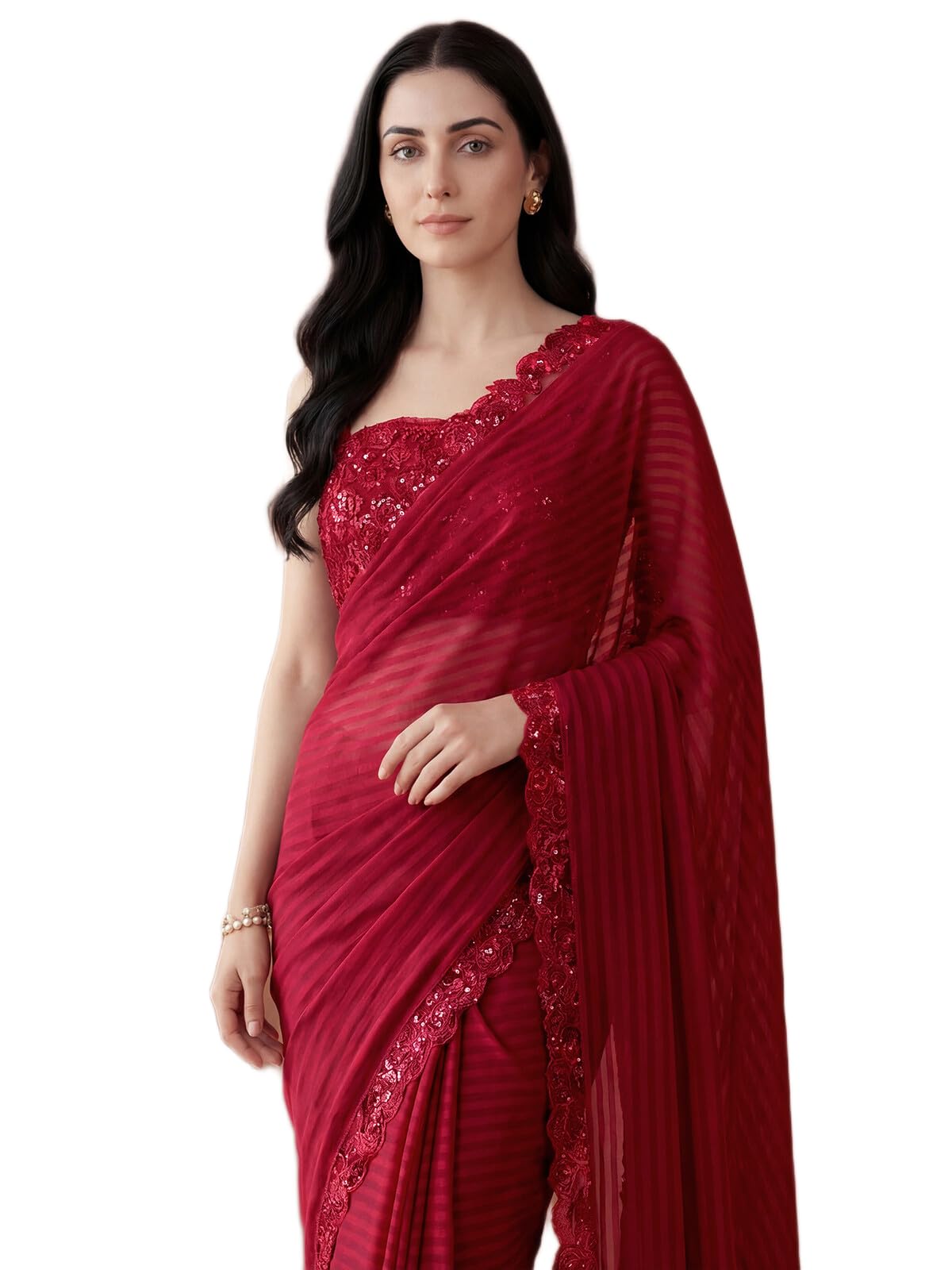 SIRIL Women's Georgette Stripes Embellished Saree with Unstitched Blouse Piece (2992S2671AAAA_Red)