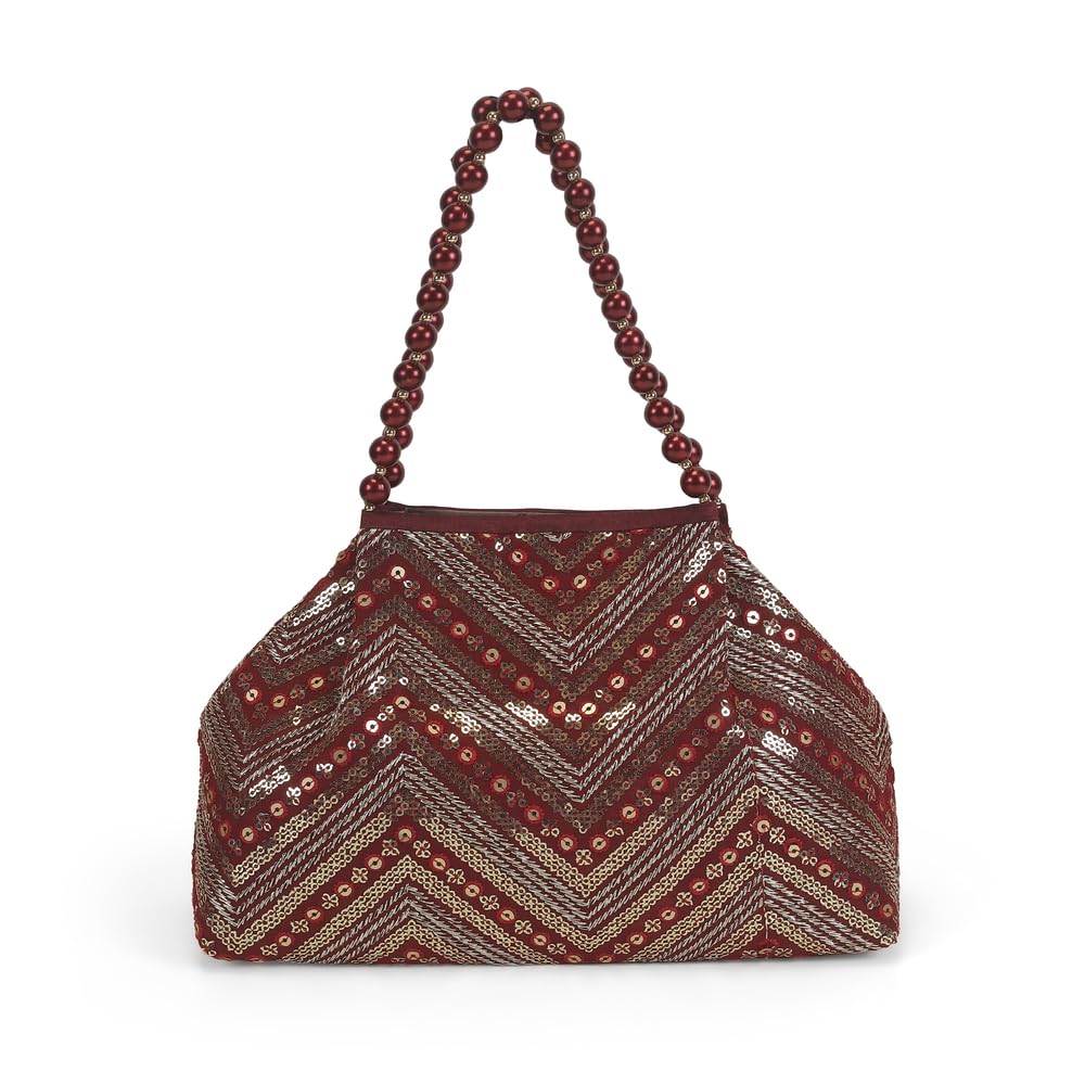 Mochi Women's Maroon Beaded Chevron Design Party Handbag(38-113)