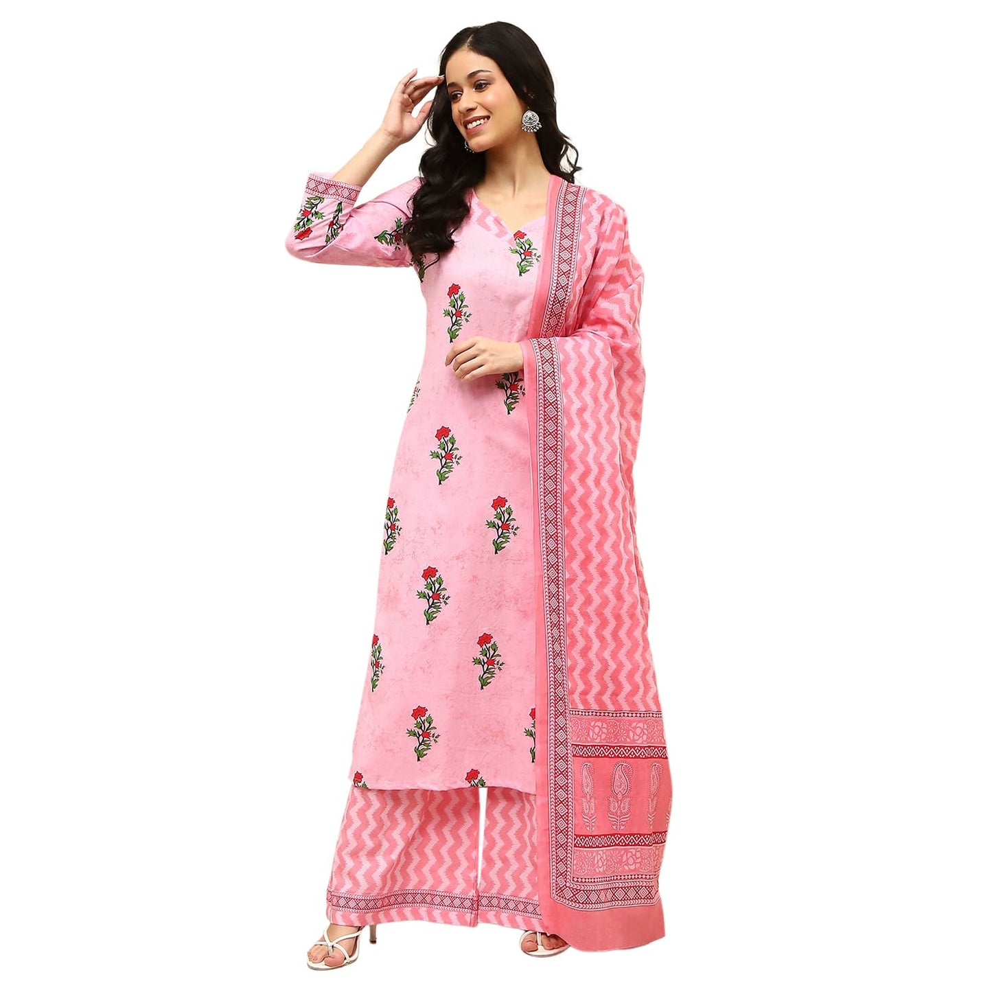 BIBA Women Pink Cotton Screen Print Unstitched Suit Set_FREE SIZE