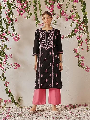 Ada Hand Embroidered Lucknowi Chikankari Straight Cotton Round Neck Kurti Kurta for Women A411771 (2XL) Black/Pink