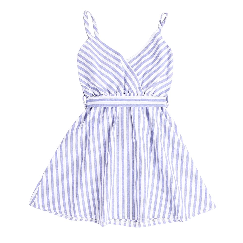Hopscotch Girls Sleeveless Stripe Print Casual Dress In Blue Color for Ages 2-3 Years