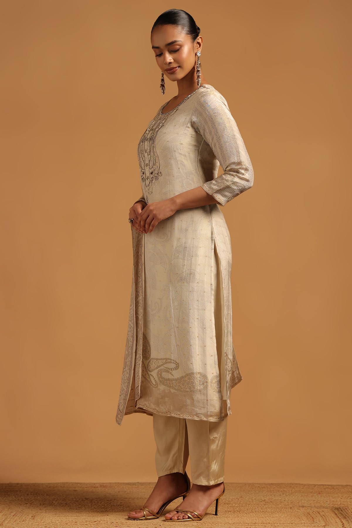 Soch Womens Beige Russian Silk Botanical Salwar Suit With Beads And Stones