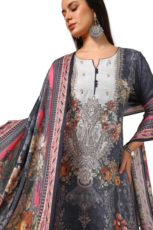 Soch Womens Charcoal Viscose Muslin Suit Set With Mirror Work