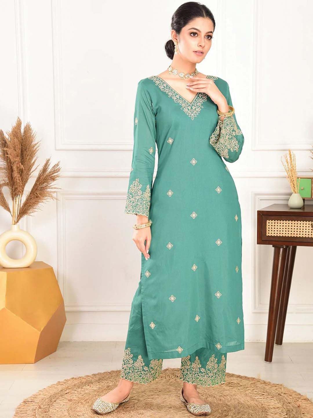 TWINLIGHT Women's Silk Blend Salwar Suit Set | V Neck Full Sleeves Embroidered Straight Length Kurta and Elastic Waistband Closure Solid Pant with Jacquard Border Dupatta | LF-NEHA_Rama_2XL