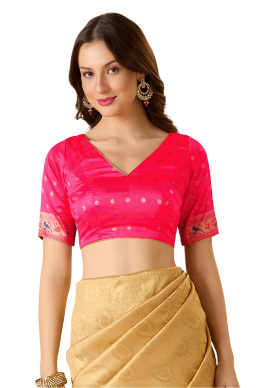 S SALWAR STUDIO Pink Paithani Silk V Neck Readymade Blouse