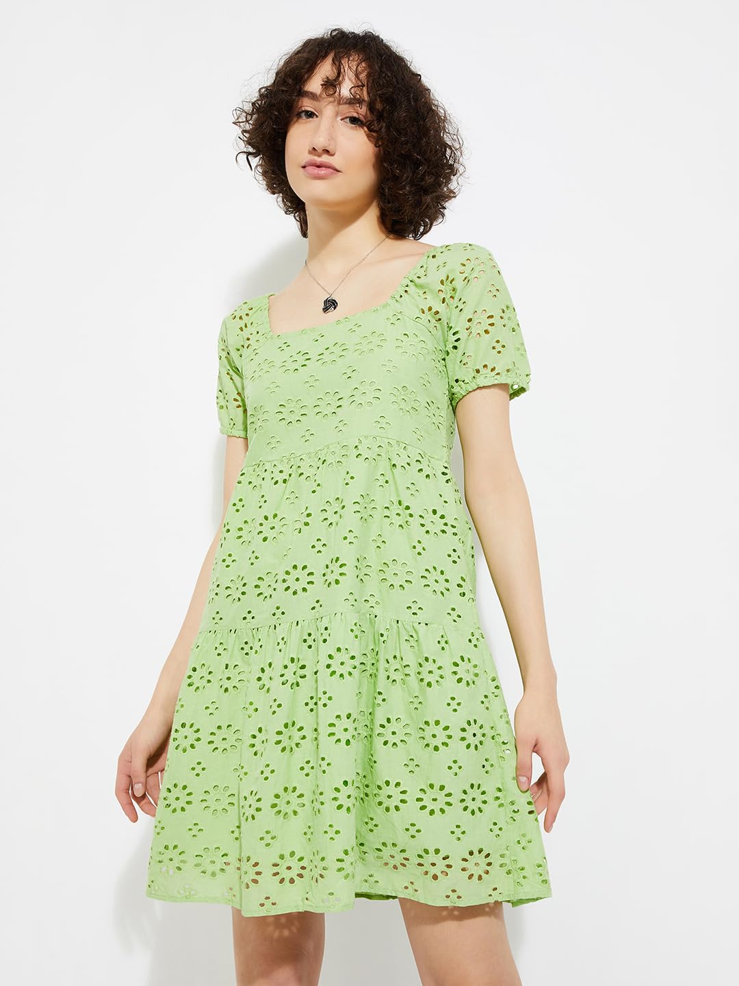Max URB_N Women Schiffli Tiered Dress (Sage_XS)