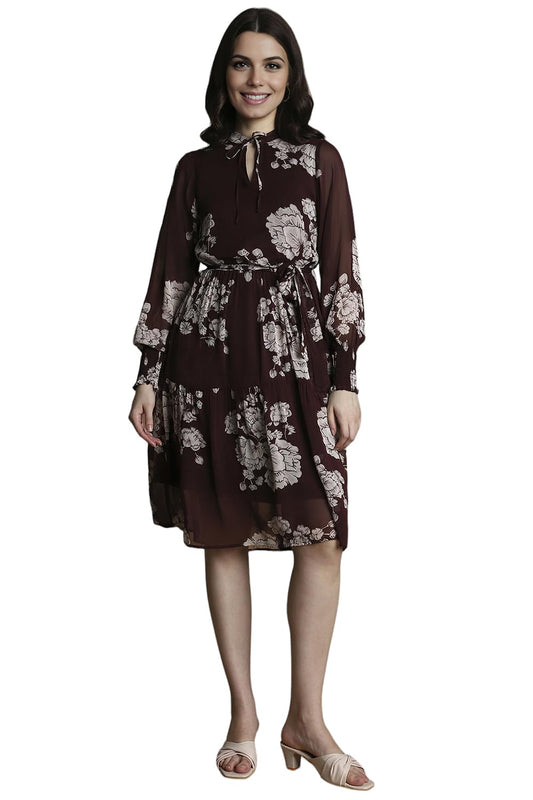 Allen Solly Women's Viscose Modern Knee-Length Dress (AHDRWRGFY56276_Brown