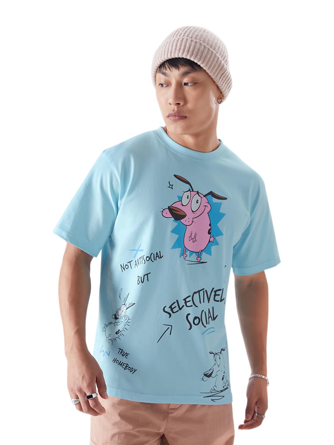 The Souled Store Official Courage: Kinda Antisocial Mens and Boys Regular fit Half Sleeve Blue Color Cotton T-Shirts (228058_L_Blue) T-Shirts Fashionable Trendy Graphic Prints Pop Culture Merchandise