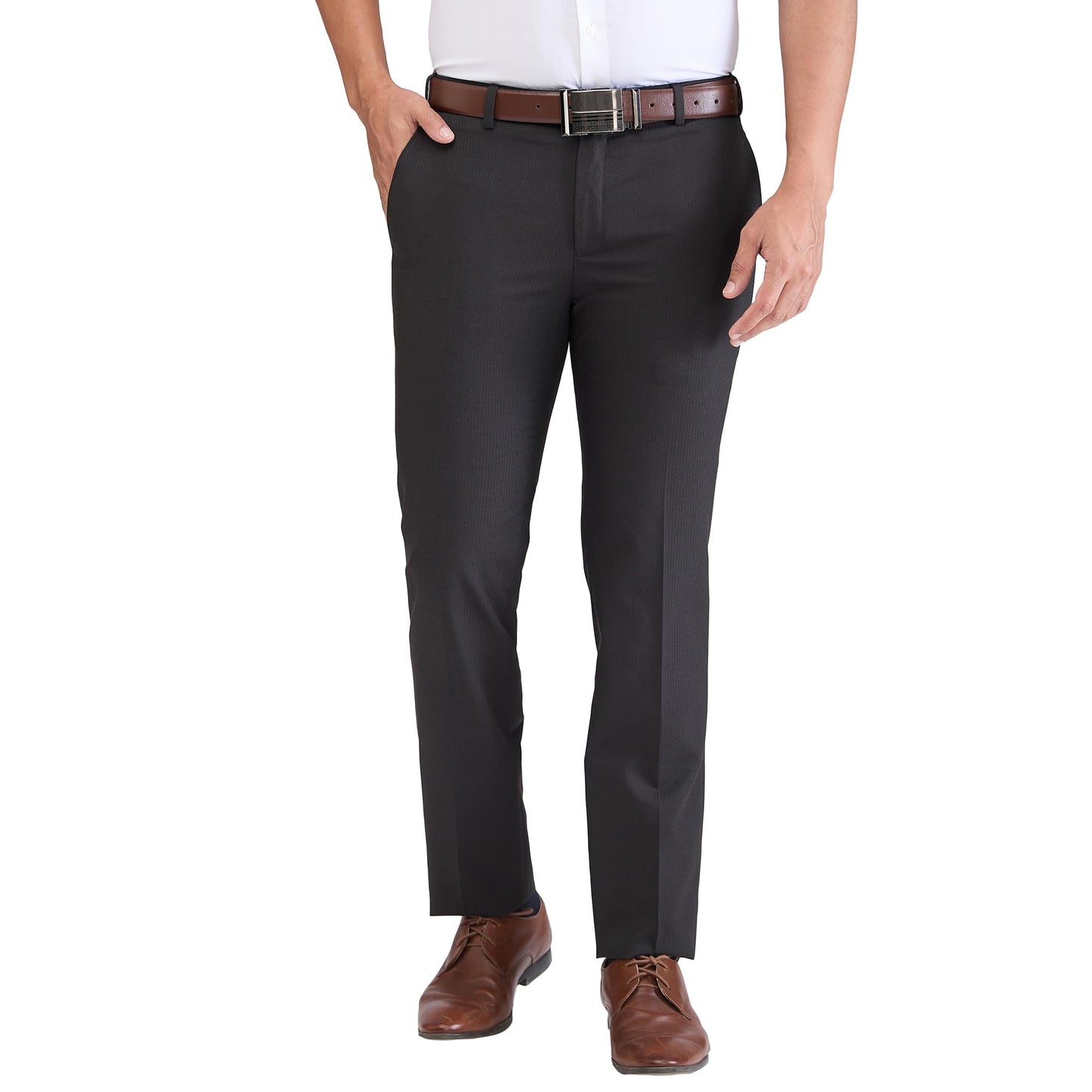 Raymond Men Slim Fit Stripe Pattern Polyester Blend Flat Front Formal Trouser (Size: 30)-RMTS05244-O8 Dark Brown