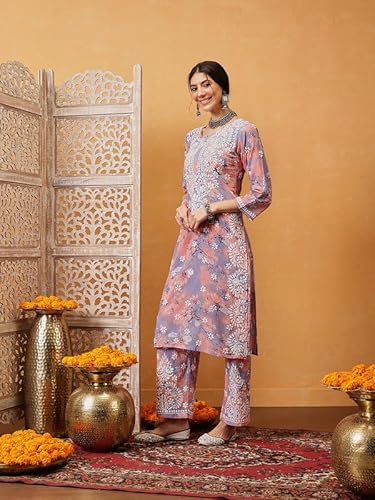 Ada Hand Embroidered Lucknowi Chikankari Printed Cotton Kurta with Pant Co-Ord Set for Women A811313 Light Purple & Peach (2XL)