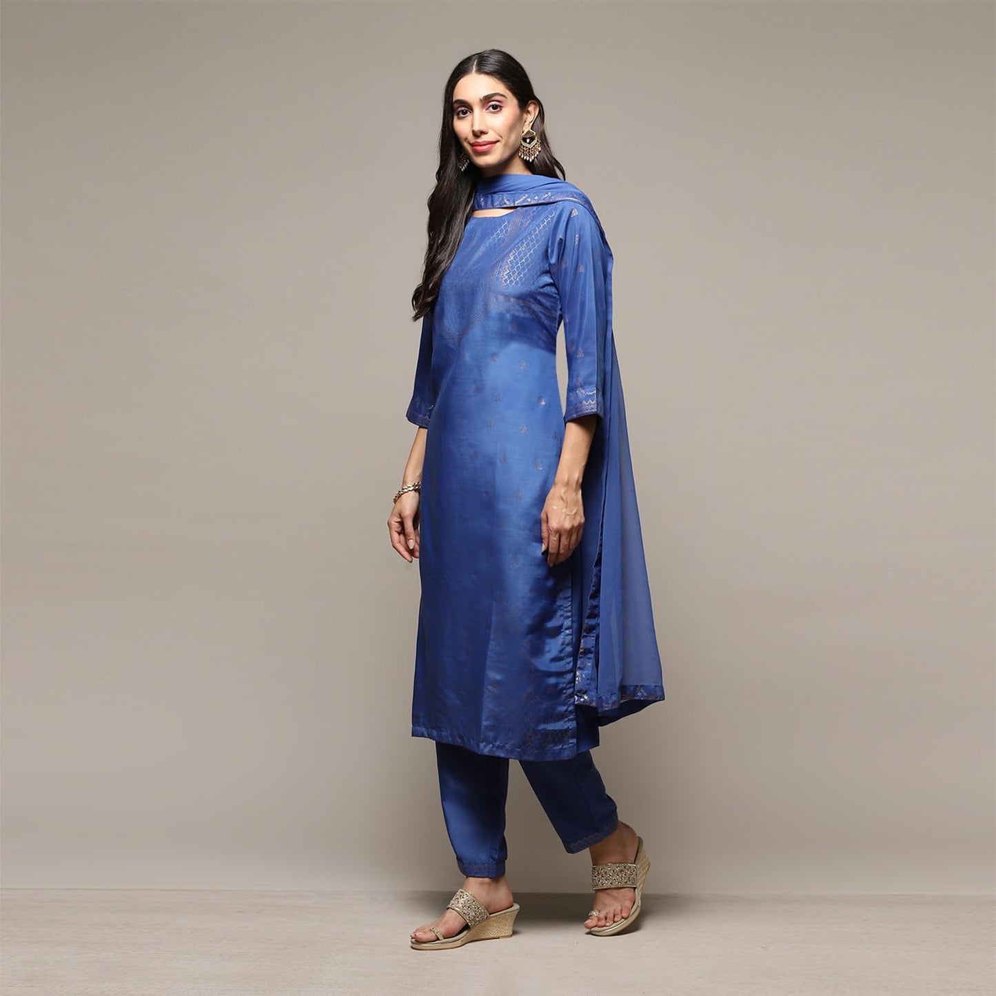 BIBA Women's Polyester Printed Narrow Salwar Kurta Dupatta (Skdassorted7666E_Blue_32)