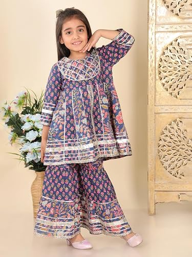 superminis Girls Cotton Floral Printed Gotta Work 3/4 Sleeves Flared Design Kurti & Sharara Set (2-3 Years, Navy Blue)