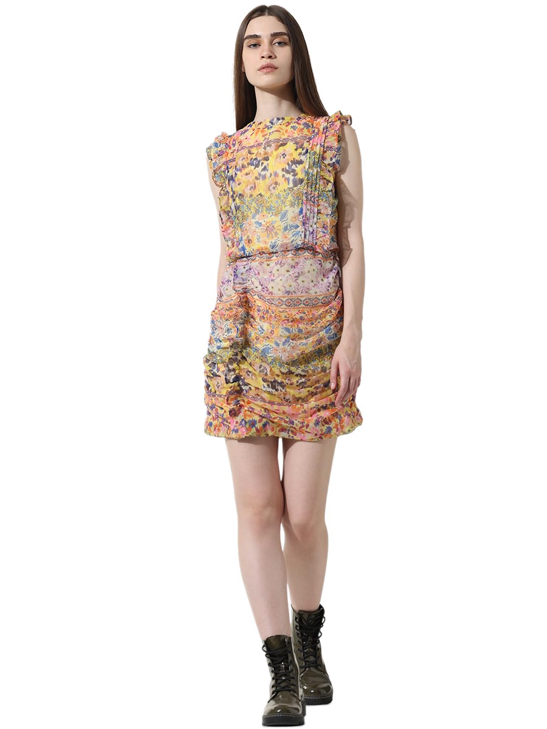 ONLY Women Printed Polyester Yellow Bodycon Dress