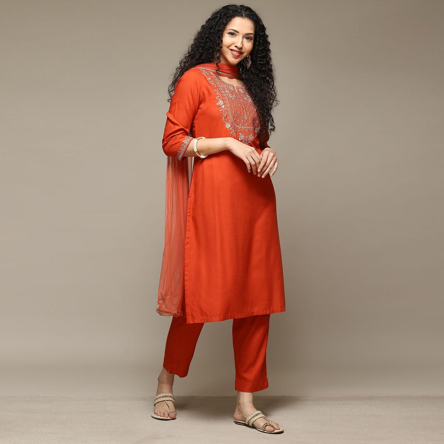 BIBA Women's Rayon Kurta Suit Set (SKDASRTD8492ESS23BUNTORG_Burnt Orange