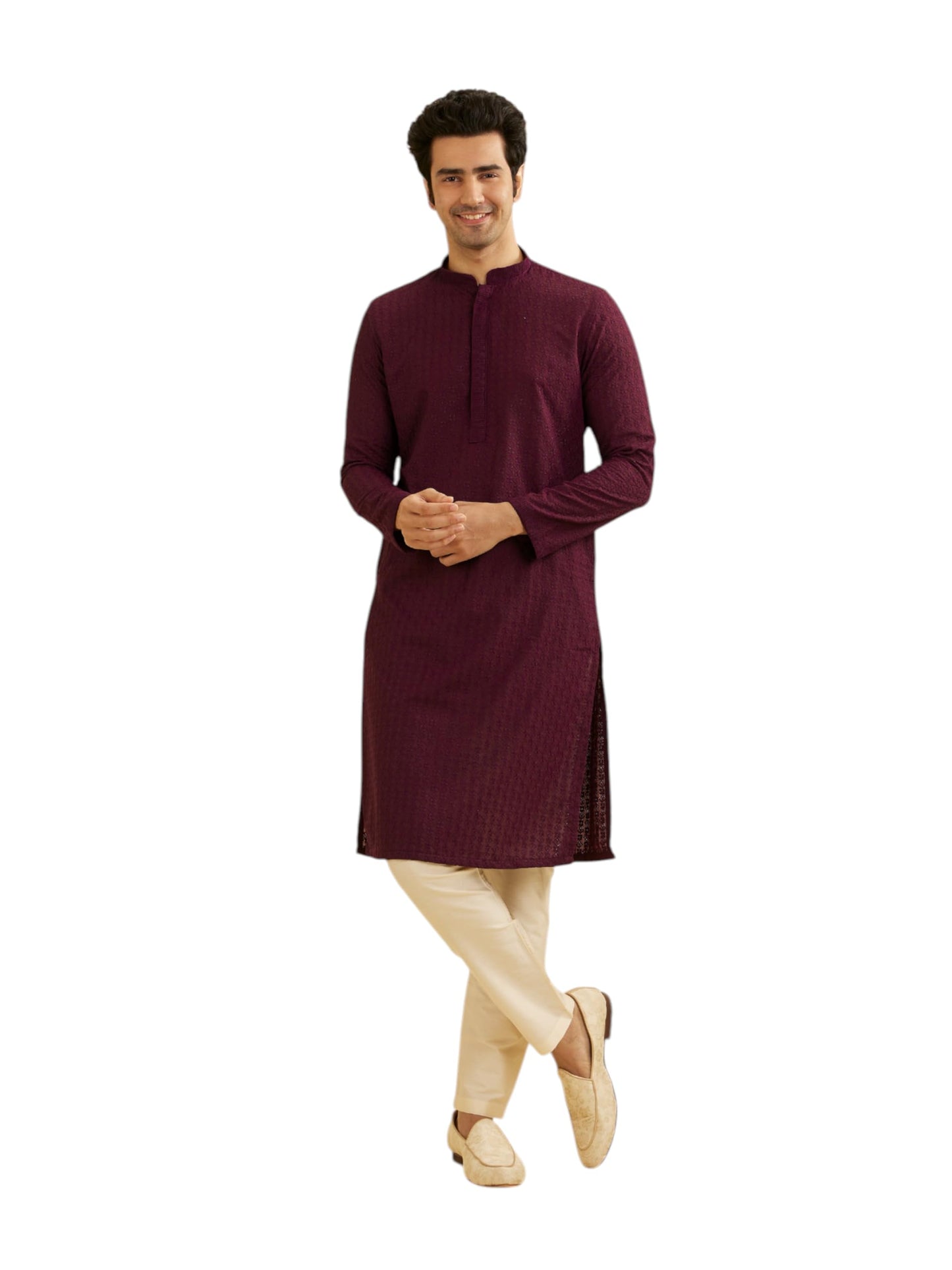 Manyavar Men's Cotton Blend Traditional Chikankari Kurta Pyjama Set (Wine,L)