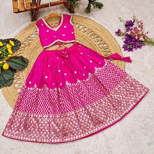 Helene Girls Taffeta Silk Embroidered Lehenga Choli South Indian Traditional Dress Kids Ethnic Wear Full Stitched Lehenga Choli Set (Pink, 7-8 Years)