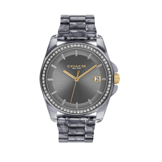Coach Greyson Qtz Basic Calendar Grey Round Dial Women's Watch|Black Transparent Sig C Acetate Material|Black Color Band - 14504273