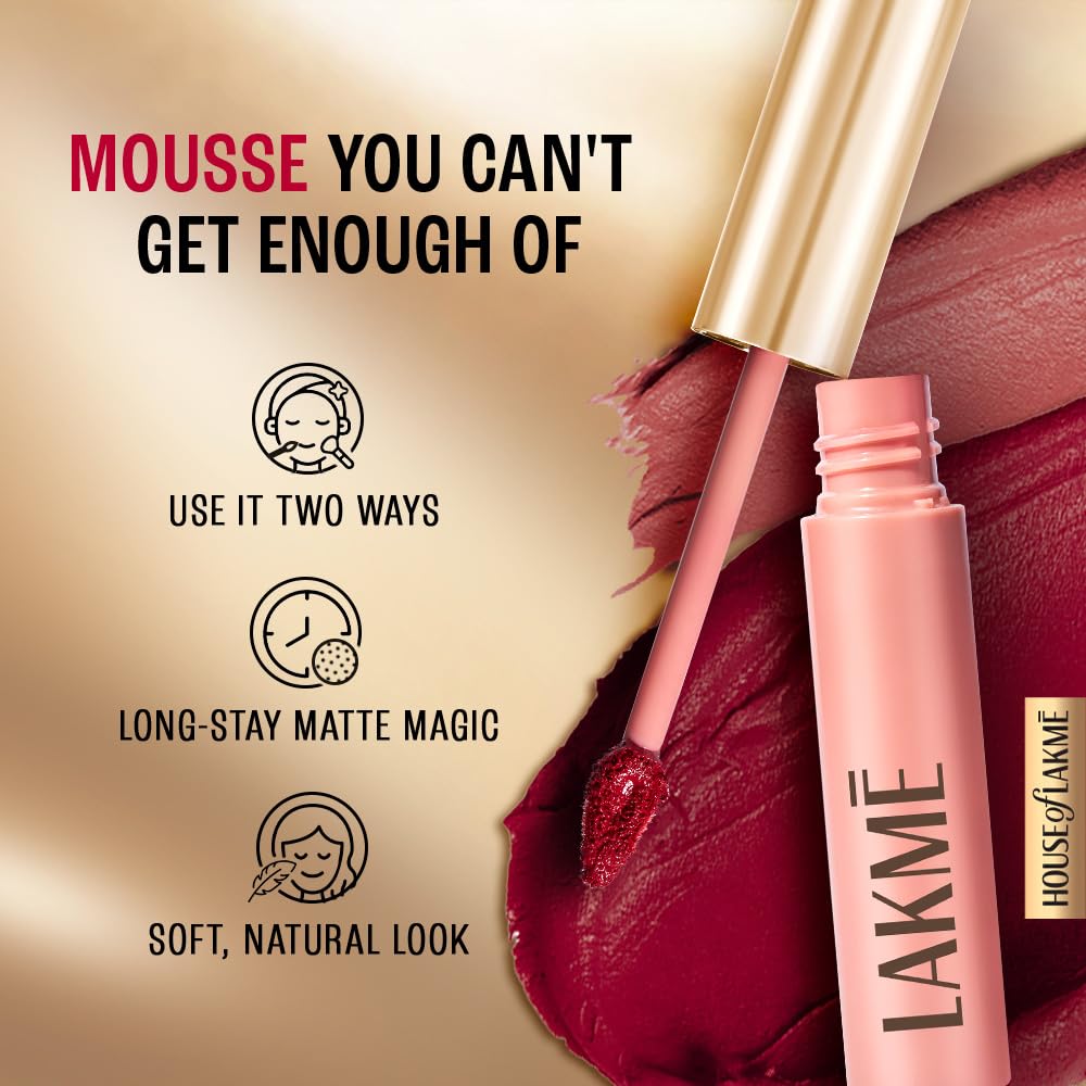 LAKMÉ 9 To 5 Weightless Mousse Lip & Cheek Color, Matte Lipstick & Blush, Lightweight, Long Lasting Lip & Cheek Tint For Dewy Look, Plum Feather, 9 G