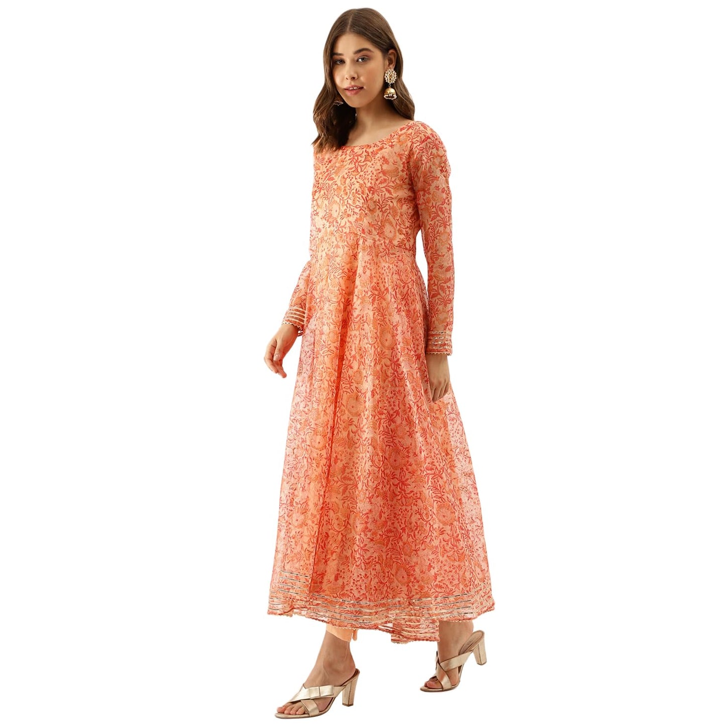 Divena Orange Floral Print Organza Anarkali Kurta set with Dupatta