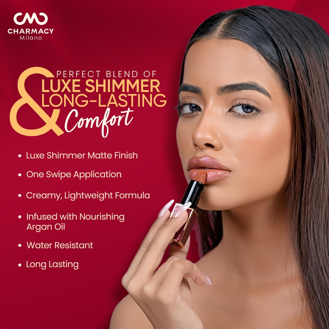 Charmacy Milano Diamond Rush - Amber 77, Creamy & Lightweight Lipstick, Long-Lasting Lipstick, Luxe Shimmer & Matt Finish, 3.8 Gms