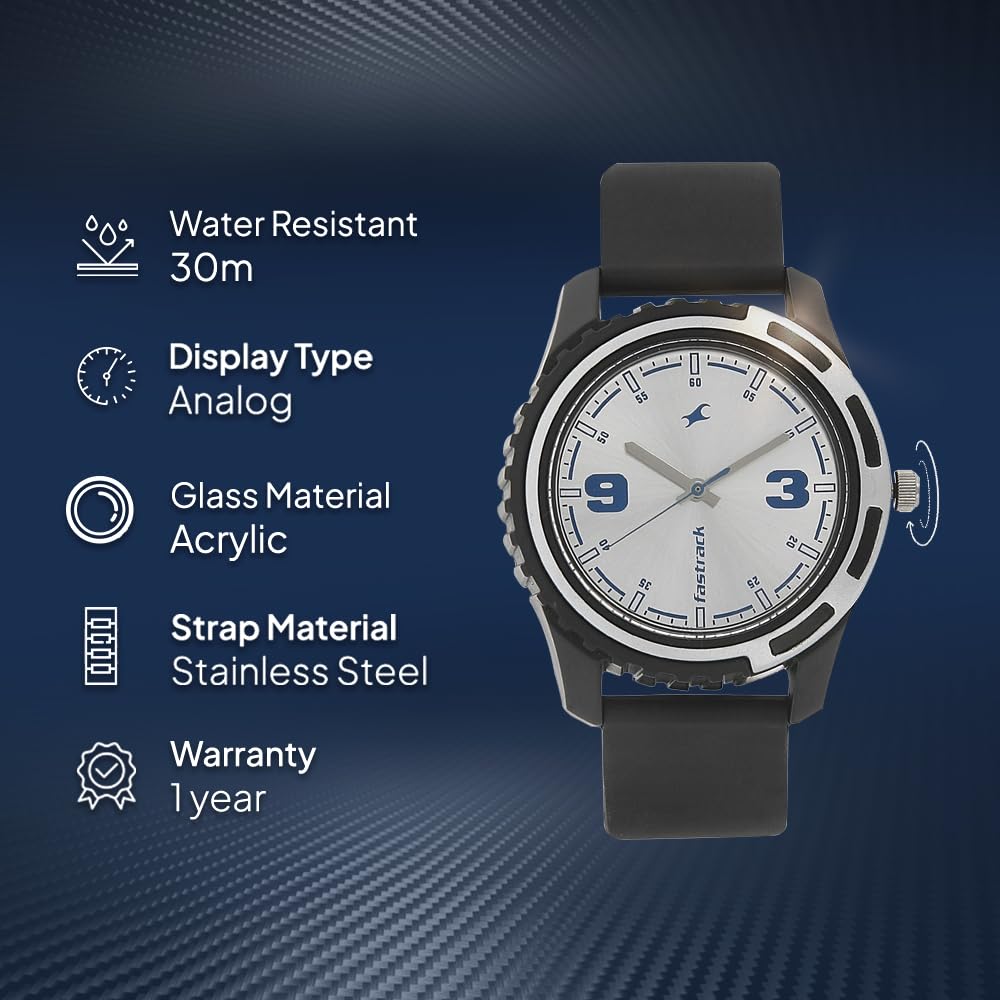 Fastrack Bare Basics Quartz Analog Silver Dial Black Plastic Strap Watch for Guys - NS3114PP02