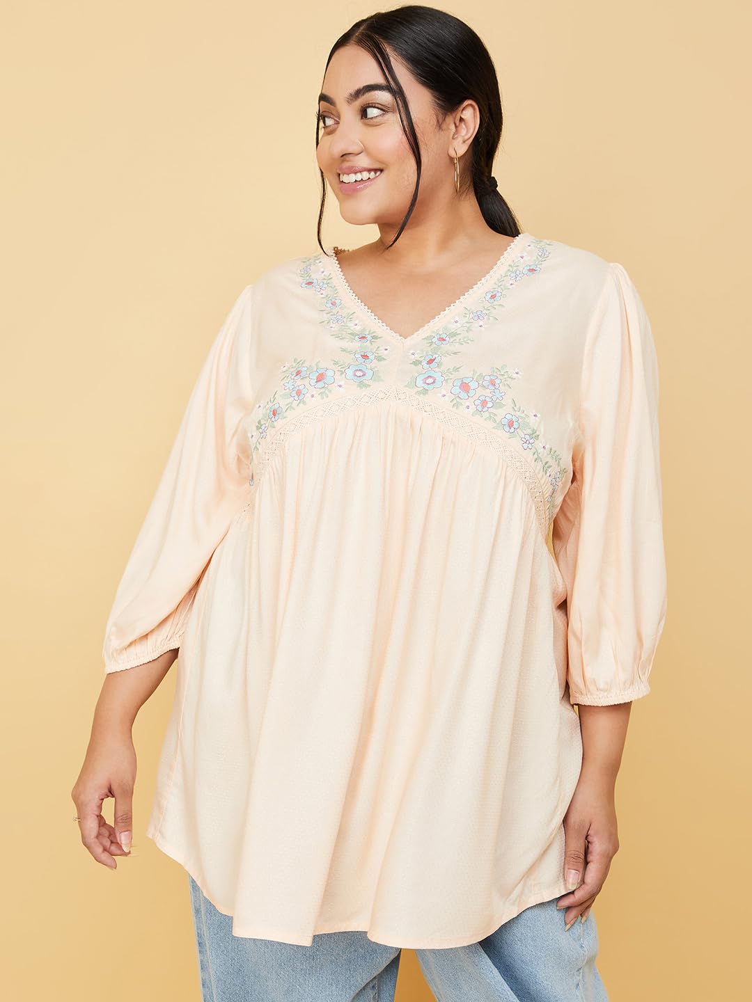 Max Women Plus Size Rayon Embroidered V-Neck Tunic (TNC3204P_Peach)