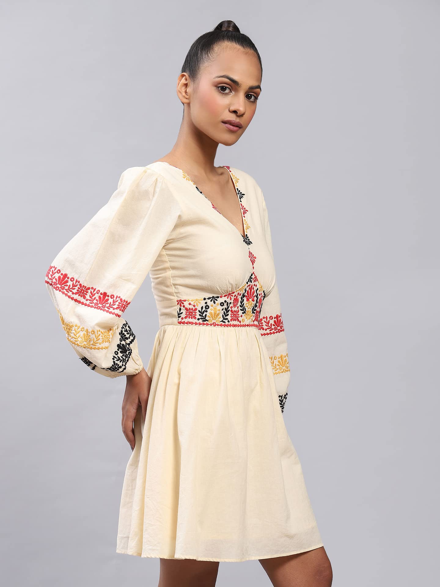 Label RITU KUMAR Women Cotton V Neck Full Sleeve Embroidered Short Casual Dress White