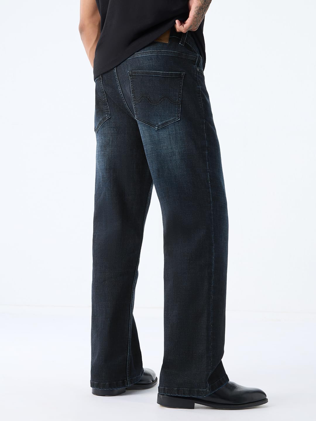 The Souled Store Bootcut Denim: Indigo Blue Men and Boys Zip Fly Indigo Blue Vintage Fade Washed Cotton Blend Bootcut Fit Lightweight Everyday All-Season Comfort Stretch Denim Jeans