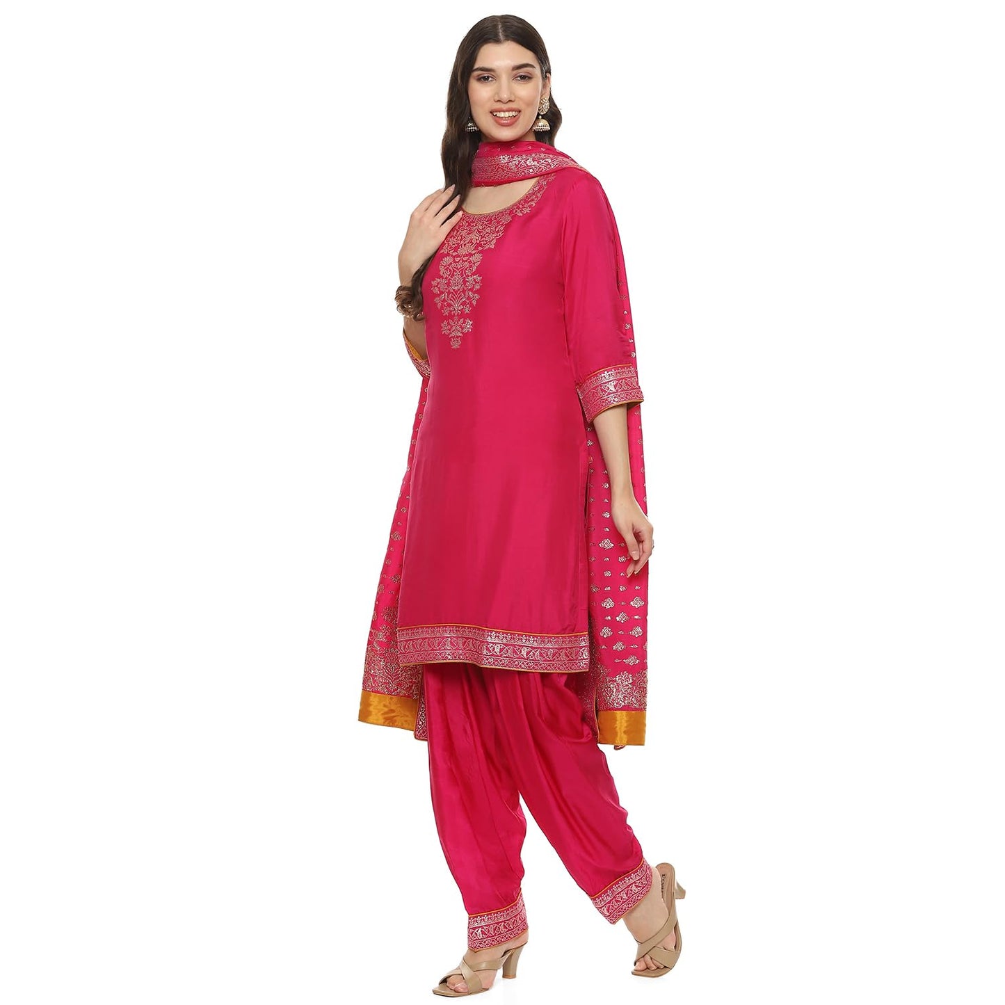 BIBA WOMEN YARNDYED STRAIGHT SALWAR KURTA DUPATTA(SKDBANARASI8848_FUCHSIA_38)
