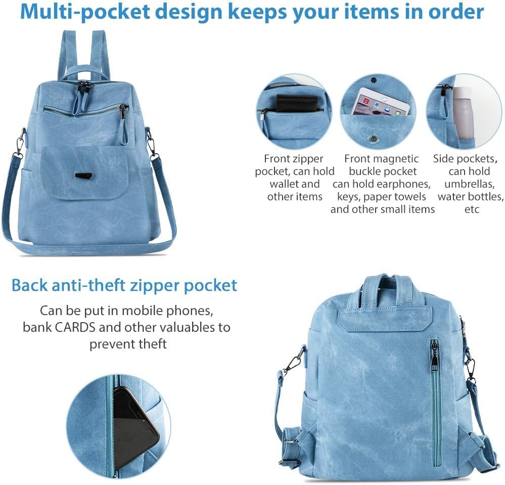 INOVERA (LABEL) Backpack for Women, Girls - Faux Leather Travel Shoulder Backpacks with Adjustable Strap - Ladies Stylish Handbag Purse (Blue)