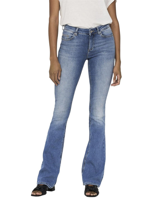 ONLY Women Solid Cotton Flared Fit Mid Rise Blue Jeans